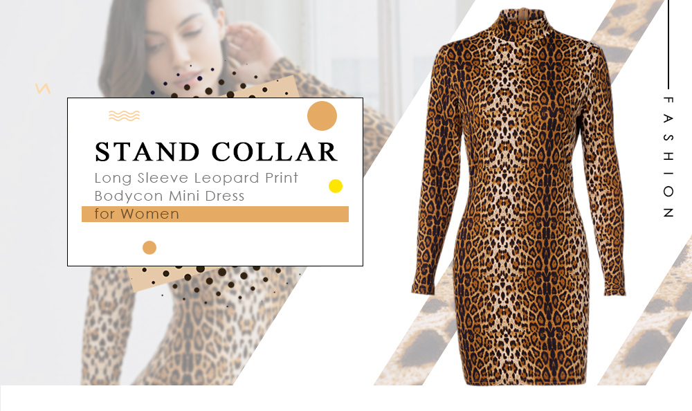 Stand Collar Long Sleeve Leopard Print Bodycon Sexy Women Mini Dress