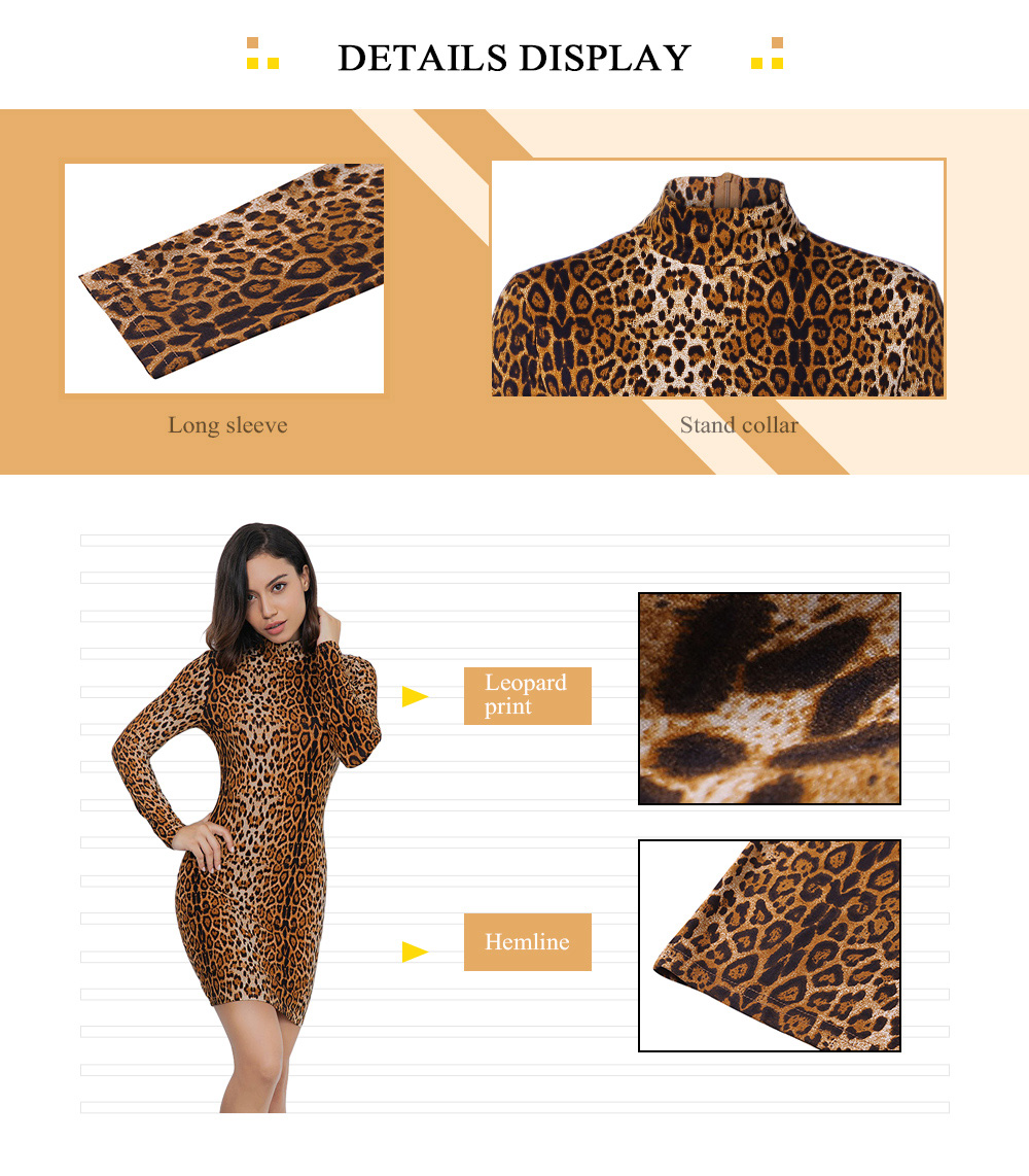 Stand Collar Long Sleeve Leopard Print Bodycon Sexy Women Mini Dress