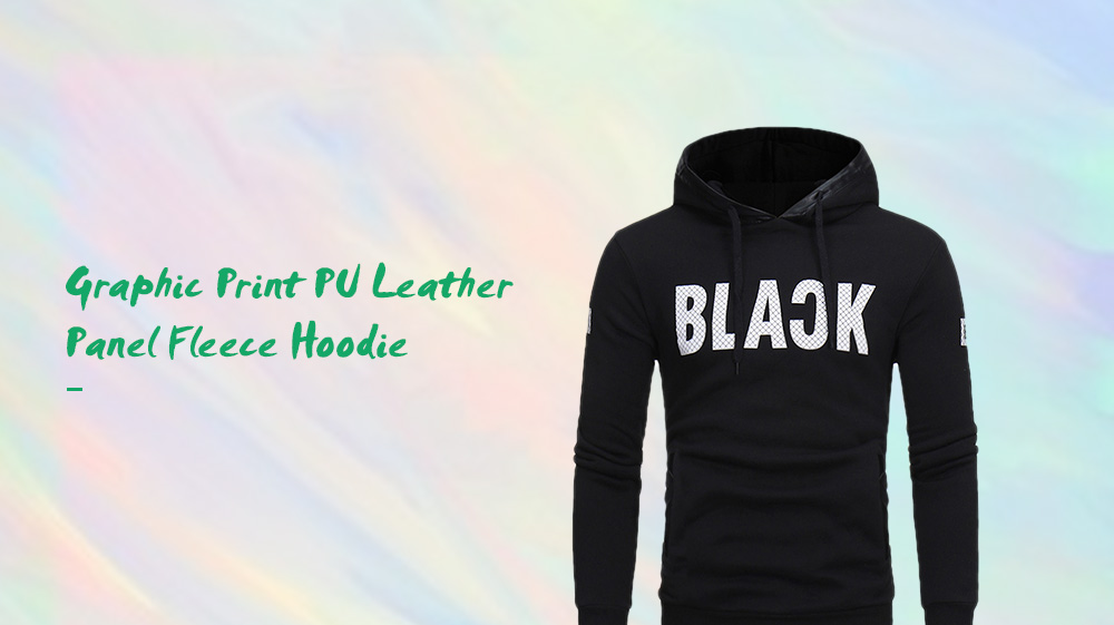 Graphic Print PU Leather Panel Fleece Hoodie