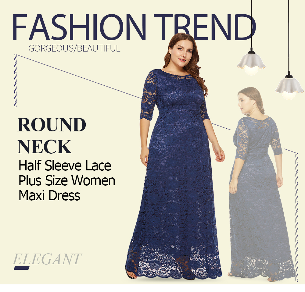 Round Neck Half Sleeve Lace Plus Size Women Maxi Dress