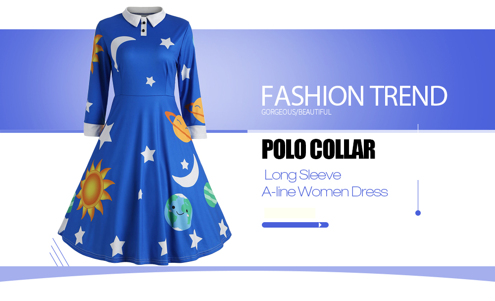 Collar Long Sleeve Sun Moon Star Print A-line Women Dress