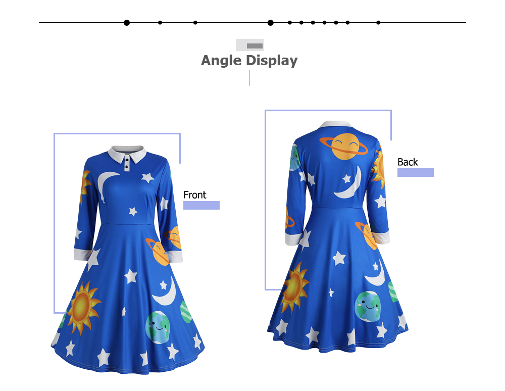 Collar Long Sleeve Sun Moon Star Print A-line Women Dress