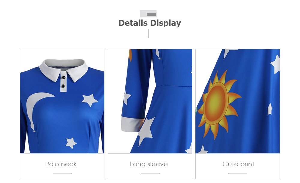 Collar Long Sleeve Sun Moon Star Print A-line Women Dress