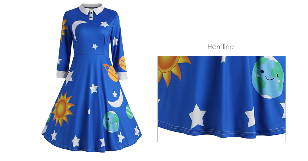 Collar Long Sleeve Sun Moon Star Print A-line Women Dress