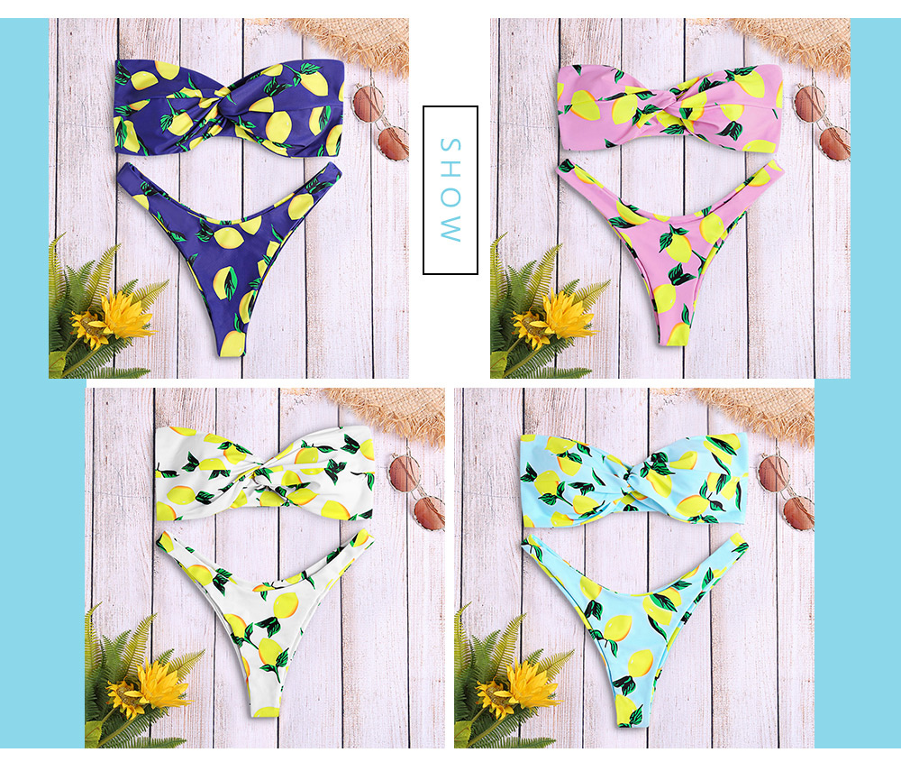 Strapless Backless Padded Lemon Print Low Waist Women Bikini Set