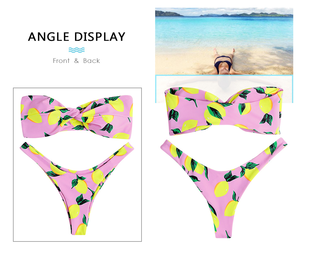 Strapless Backless Padded Lemon Print Low Waist Women Bikini Set