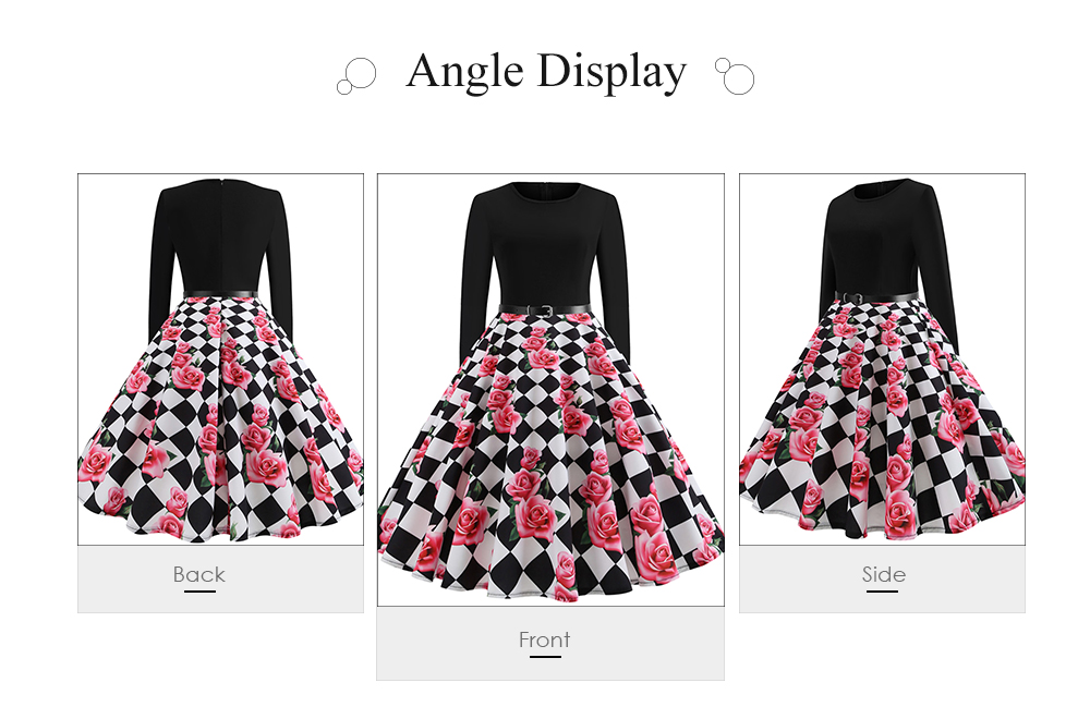 Women Floral Plaid Printing Vintage Knee-length A-line Swing Party Dress