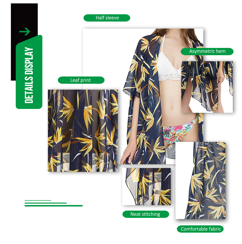 Collarless Half Sleeve Leaf Print Women Asymmetric Beach Cardigan