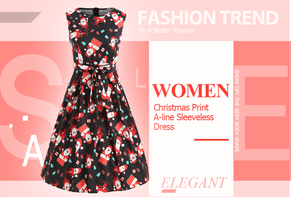 Women Christmas Print Casual A-line Party Female Sleeveless Dress