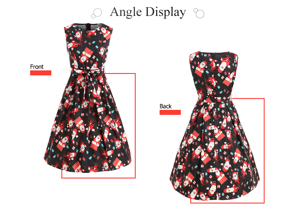 Women Christmas Print Casual A-line Party Female Sleeveless Dress