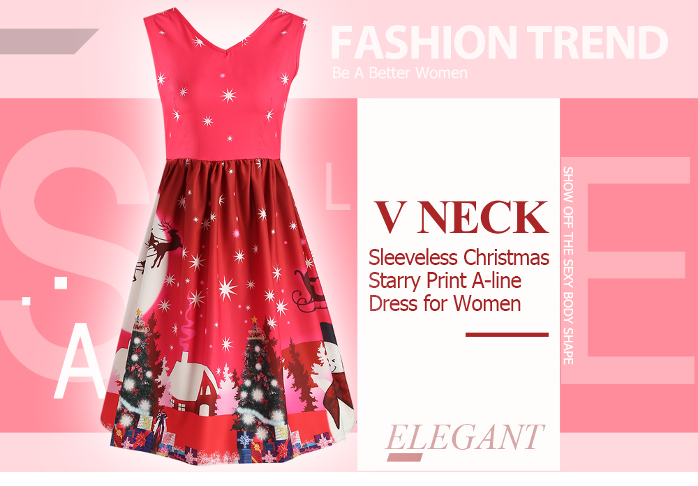 V Neck Sleeveless Christmas Starry Print A-line Women Vintage Dress