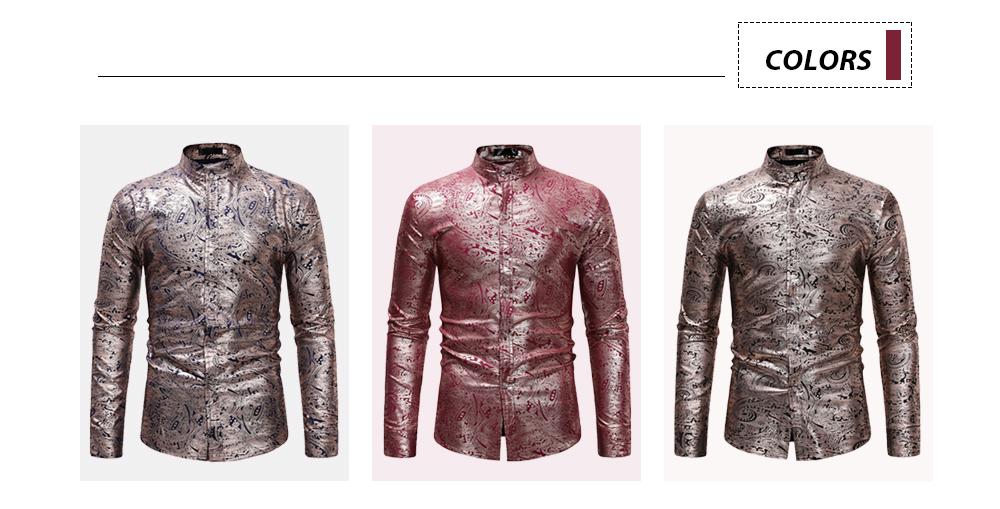 Luxury Gold Gilding Printed Stand Collar Long Sleeve Casual Men Shirt