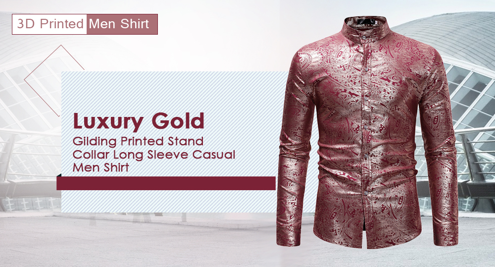 Luxury Gold Gilding Printed Stand Collar Long Sleeve Casual Men Shirt