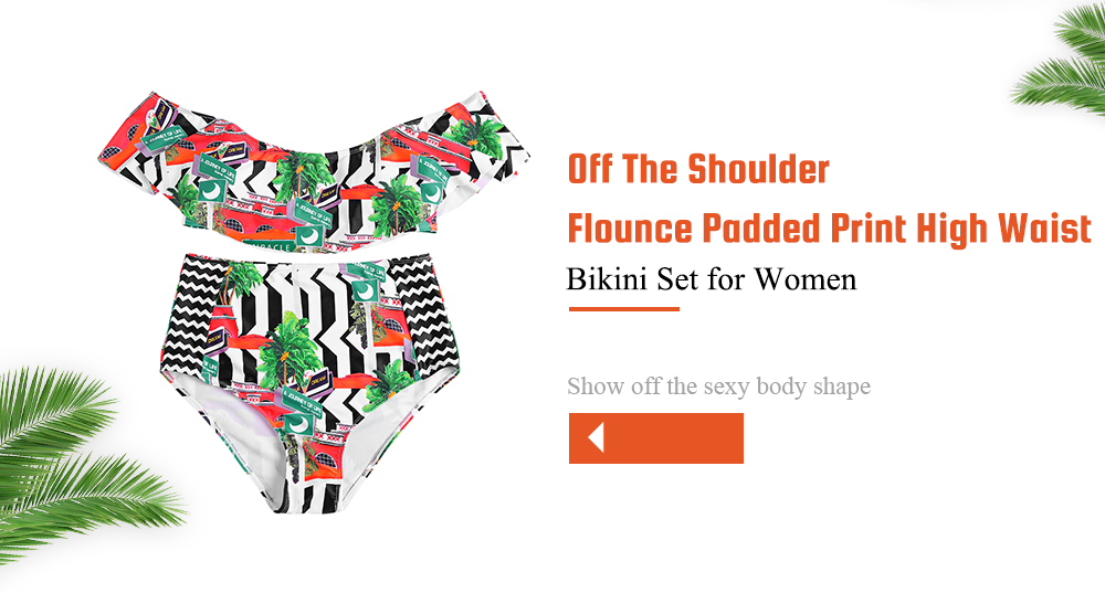 Off The Shoulder Flounce Padded Print High Waist Women Bikini Set