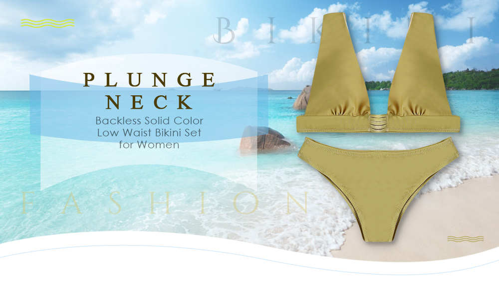 Plunge Neck Backless Padded Solid Color Low Waist Women Bikini Set