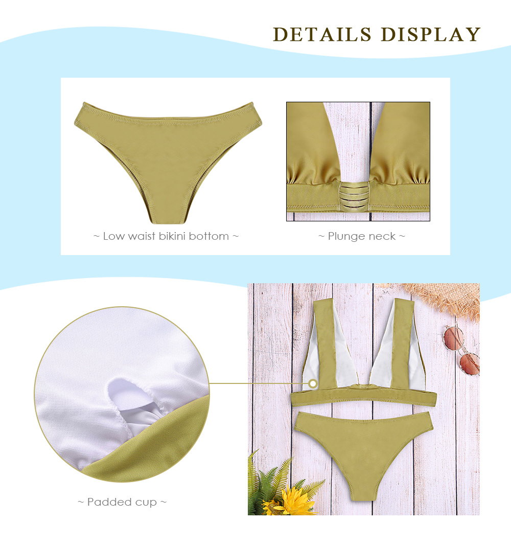 Plunge Neck Backless Padded Solid Color Low Waist Women Bikini Set