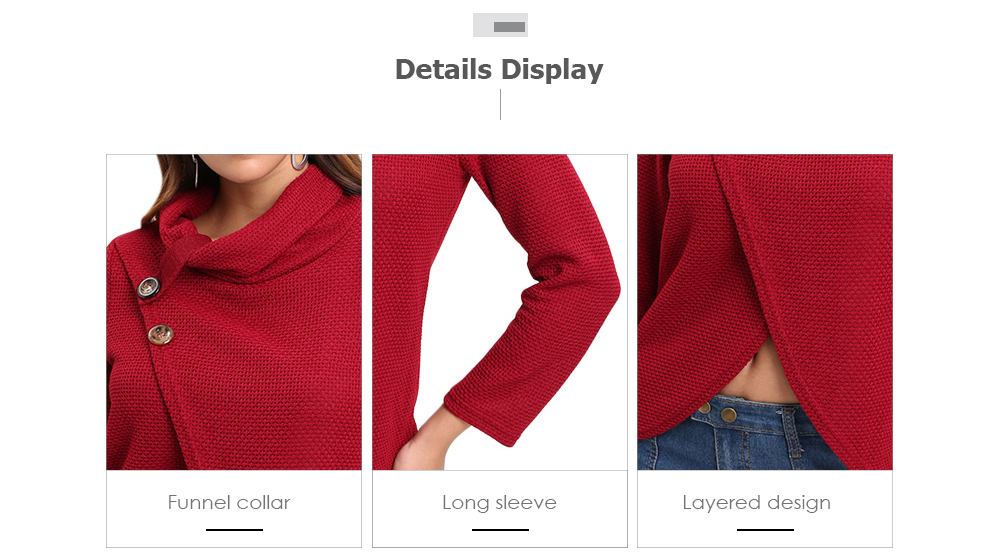 Funnel Collar Long Sleeve Solid Color Button Layered Knit Women T-shirt