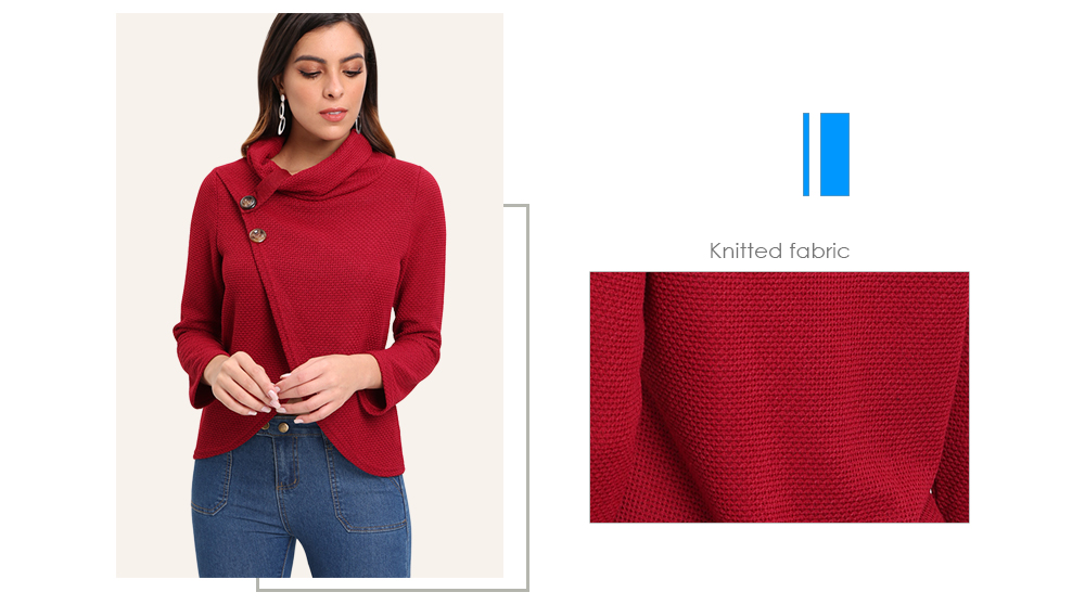 Funnel Collar Long Sleeve Solid Color Button Layered Knit Women T-shirt