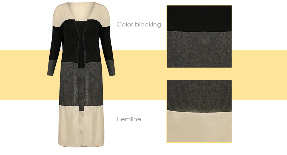 Collarless Long Sleeve Color Blocking Pocket Slit Open Front Women Cardigan