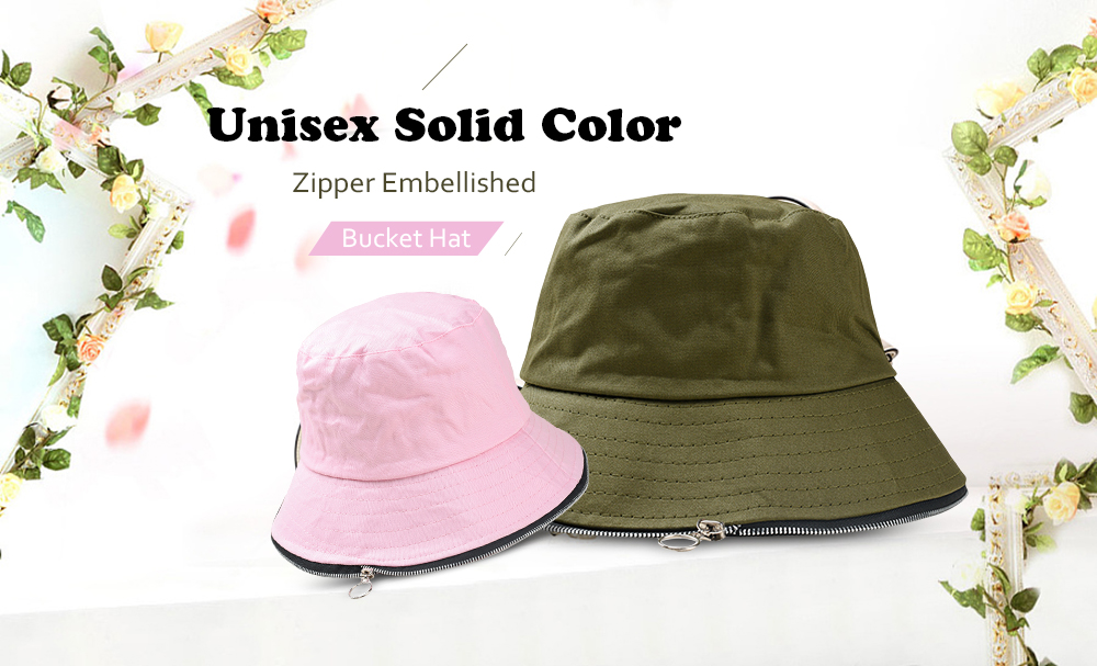 Unisex Solid Color Cotton Zipper Embellished Outdoor Sun Cap Bucket Hat