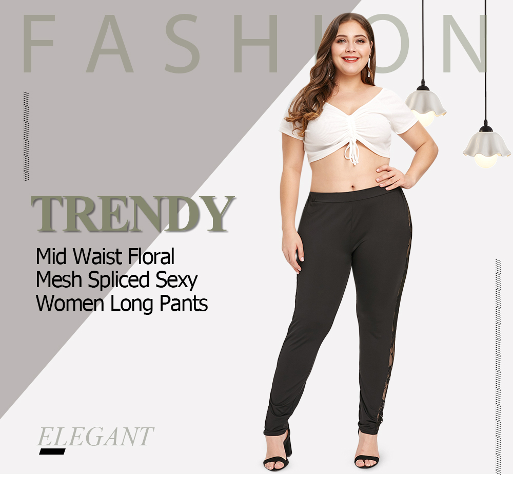 Trendy Mid Waist Floral Mesh Spliced Sexy Women Long Pants Trousers