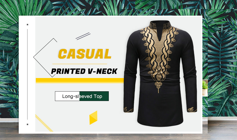 Men Stand Collar V-neck Casual Long-sleeved Top