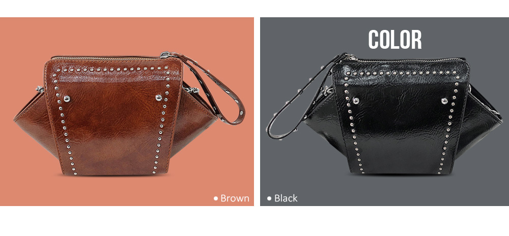 Women Vintage Rivet Print Zipper Solid Color Shoulder Crossbody Bag