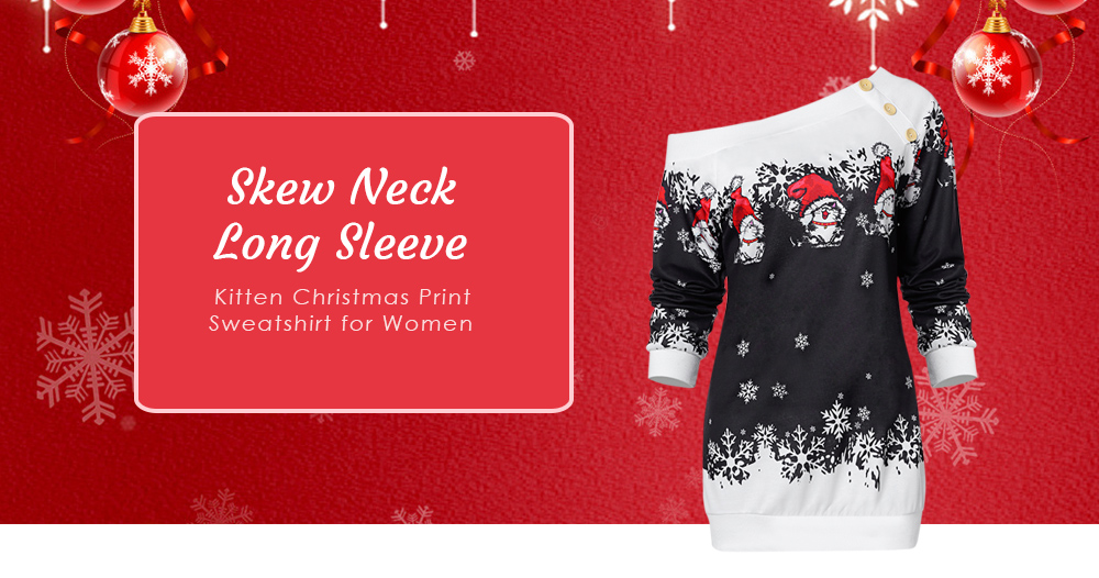 Skew Neck Long Sleeve Kitten Christmas Print Button Women Sweatshirt