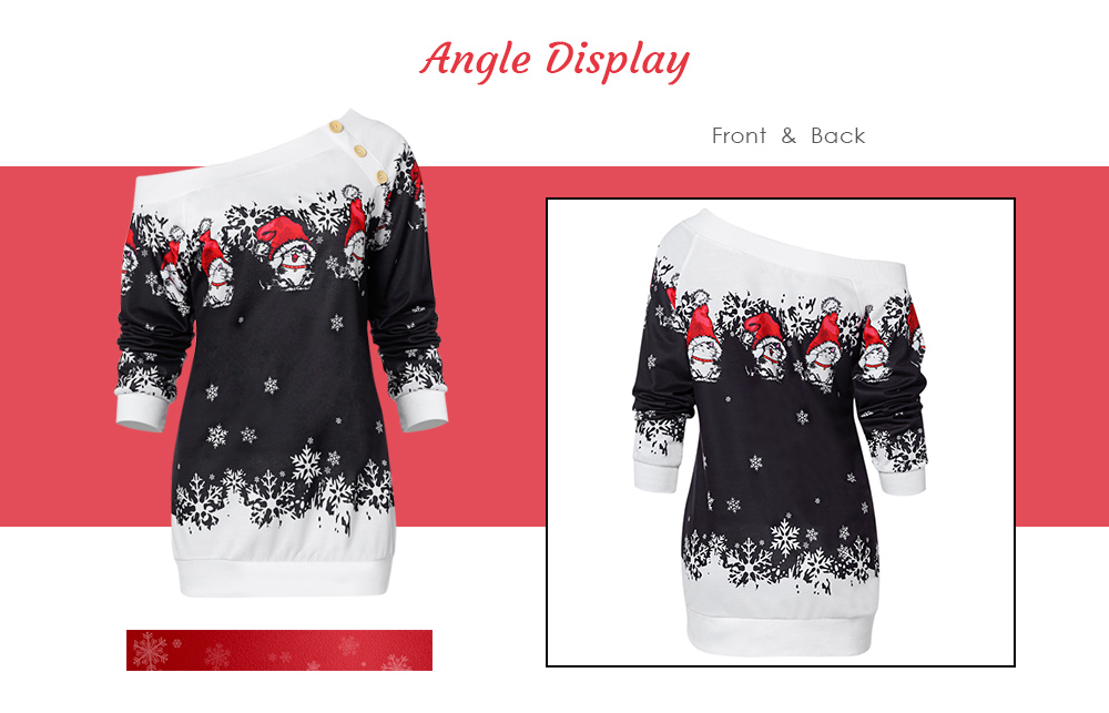 Skew Neck Long Sleeve Kitten Christmas Print Button Women Sweatshirt