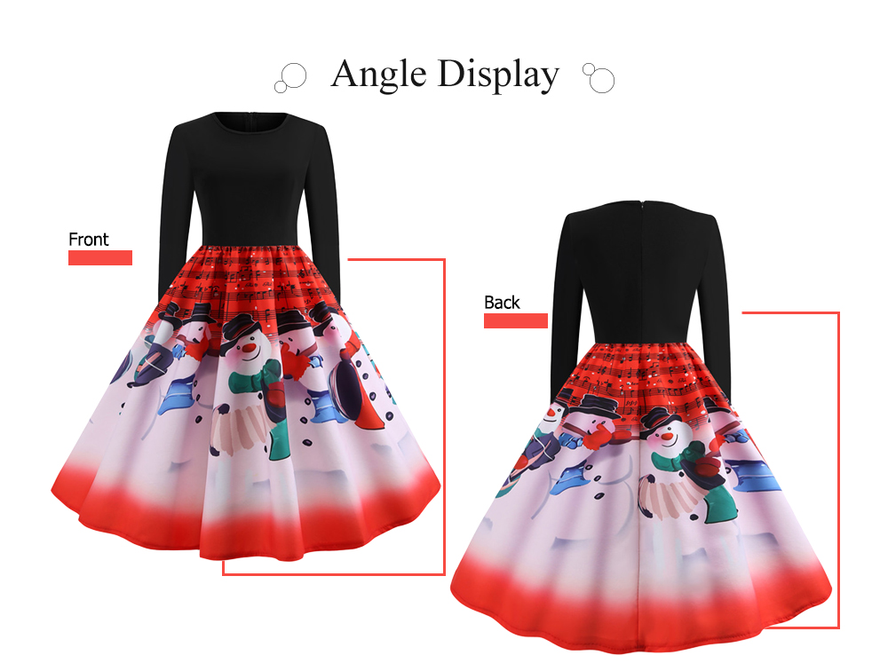 Round Collar Long Sleeve Note Print Christmas A-line Women Vintage Dress