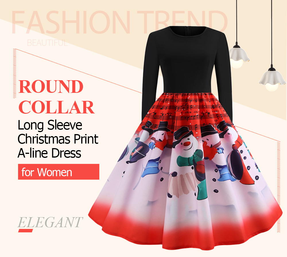 Round Collar Long Sleeve Note Print Christmas A-line Women Vintage Dress