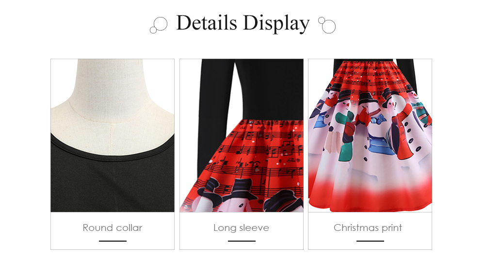 Round Collar Long Sleeve Note Print Christmas A-line Women Vintage Dress