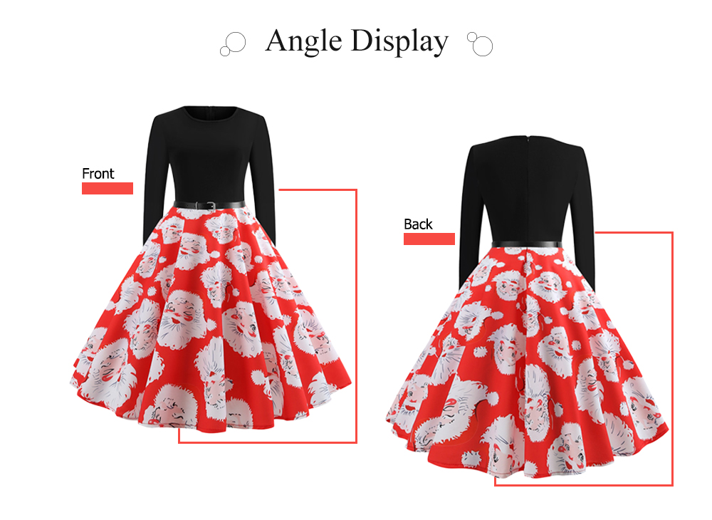 Round Collar Long Sleeve Christmas Santa Claus Print Belt A-line Women Dress