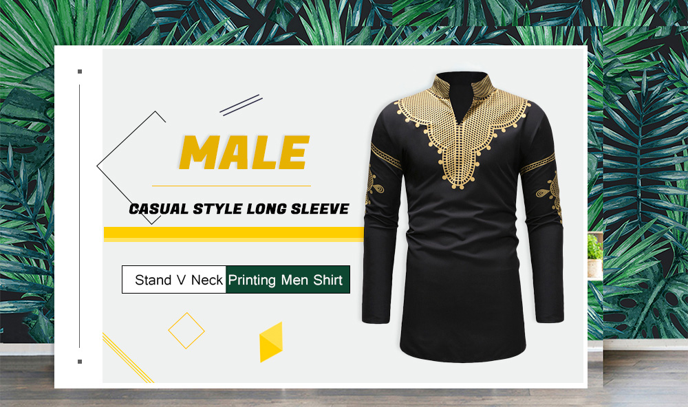 Male Casual Style Long Sleeve Stand V Neck Printing Men Shirt