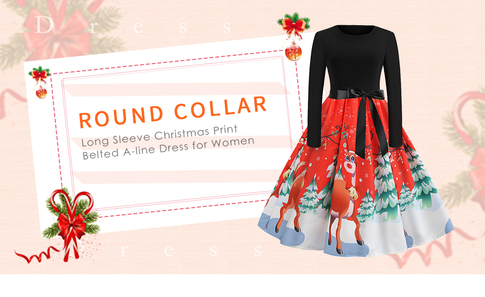Round Collar Long Sleeve Christmas Elk Print Belted A-line Women Dress