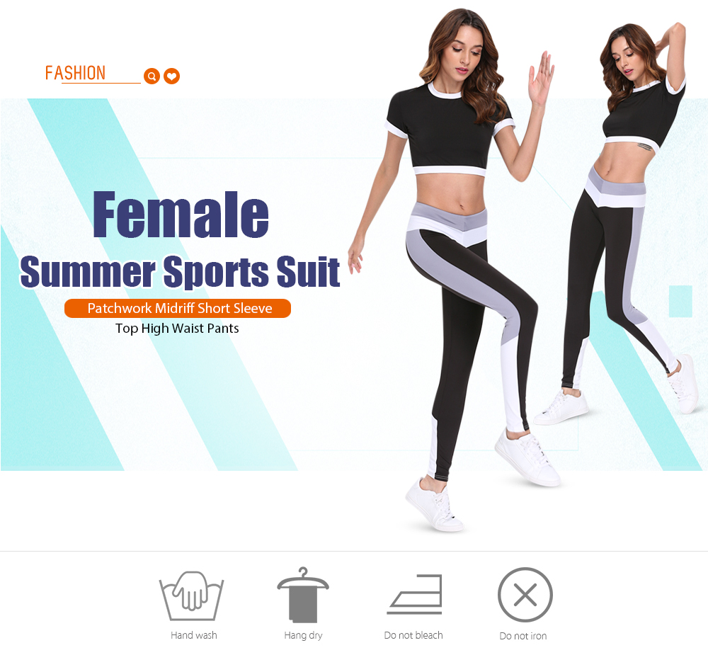 Female Summer Sports Suit Patchwork Midriff Short Sleeve Top High Waist Pants