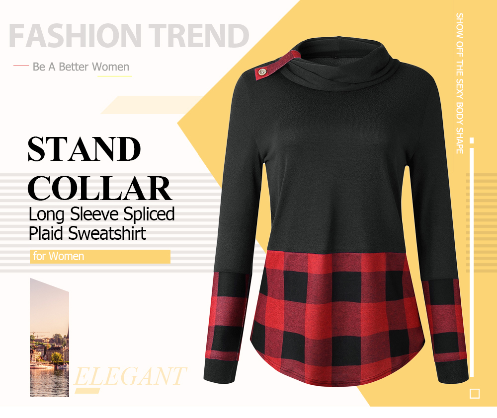 Stand Collar Long Sleeve Spliced Plaid Women Sweatshirt