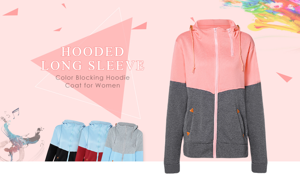 Hooded Long Sleeve Color Blocking Pocket Zipper Fleece Coat Women Hoodie