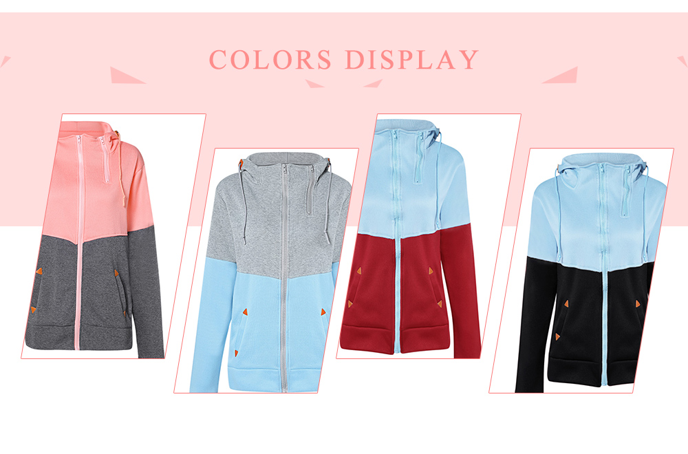 Hooded Long Sleeve Color Blocking Pocket Zipper Fleece Coat Women Hoodie