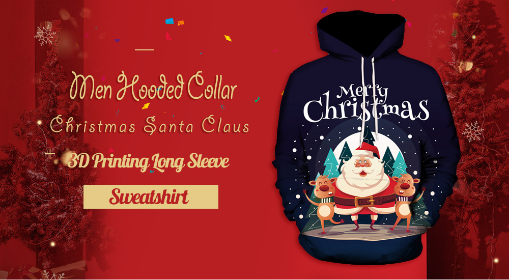 Men Hooded Collar Christmas Santa Claus 3D Printing Long Sleeve Sweatshirt