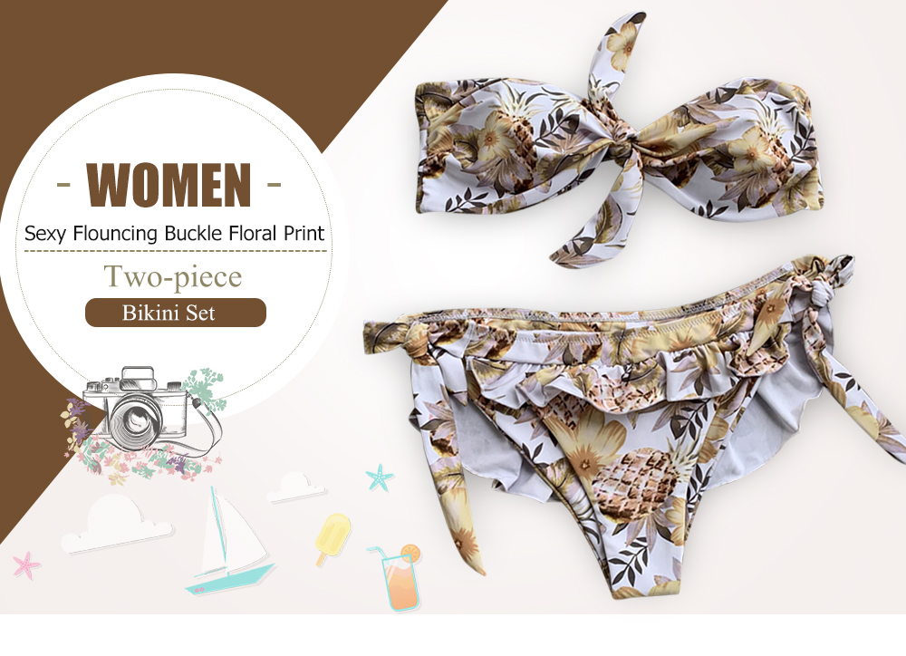 Women Sexy Flouncing Buckle Floral Print Two-piece Swimwear Bikini Set