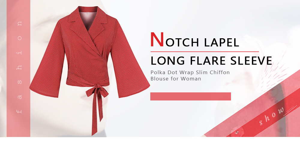 Notch Lapel Long Flare Sleeve Polka Dot Wrap Slim Chiffon Blouse for Woman