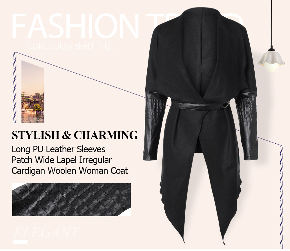 Long PU Leather Sleeves Patch Wide Lapel Irregular Cardigan Woolen Woman Coat