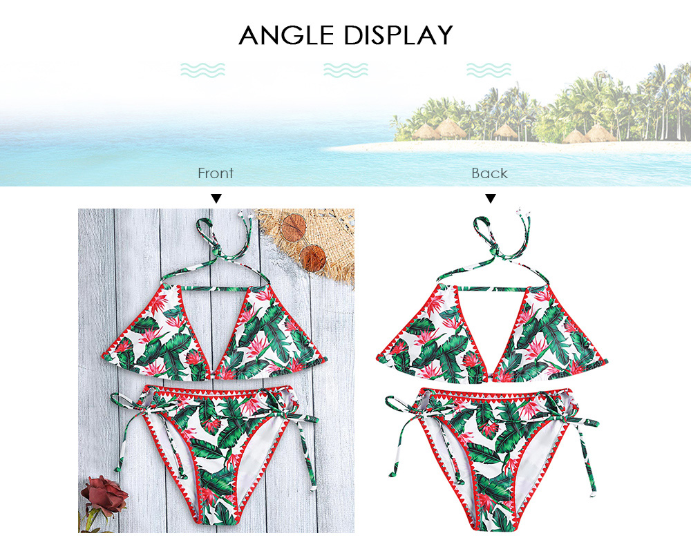 Halter Neck Backless Padded Leaf Print Low Waist Tied Strap Women Bikini Set