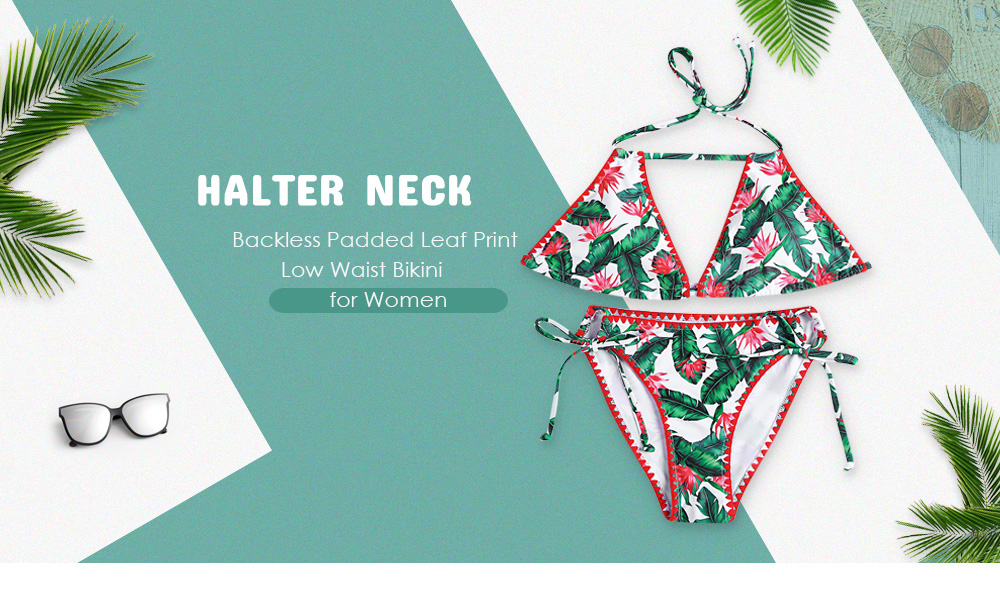 Halter Neck Backless Padded Leaf Print Low Waist Tied Strap Women Bikini Set