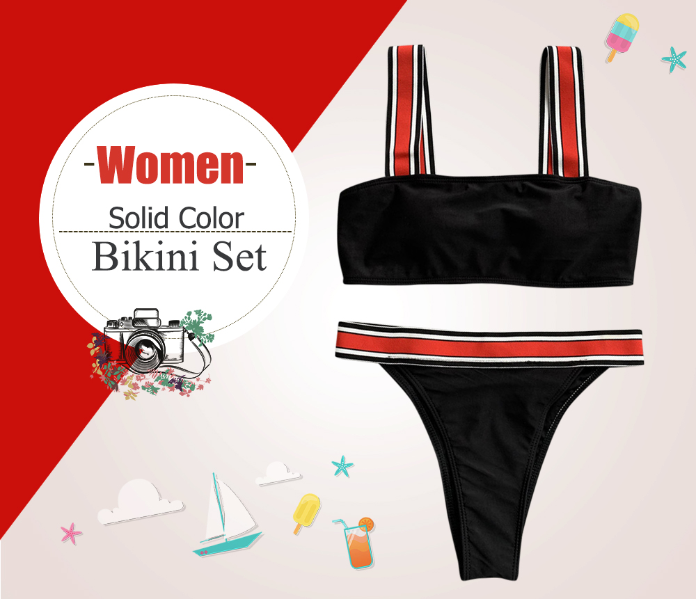Women Solid Color Colorful Stripe Bikini Set Swimsuit Swimwear