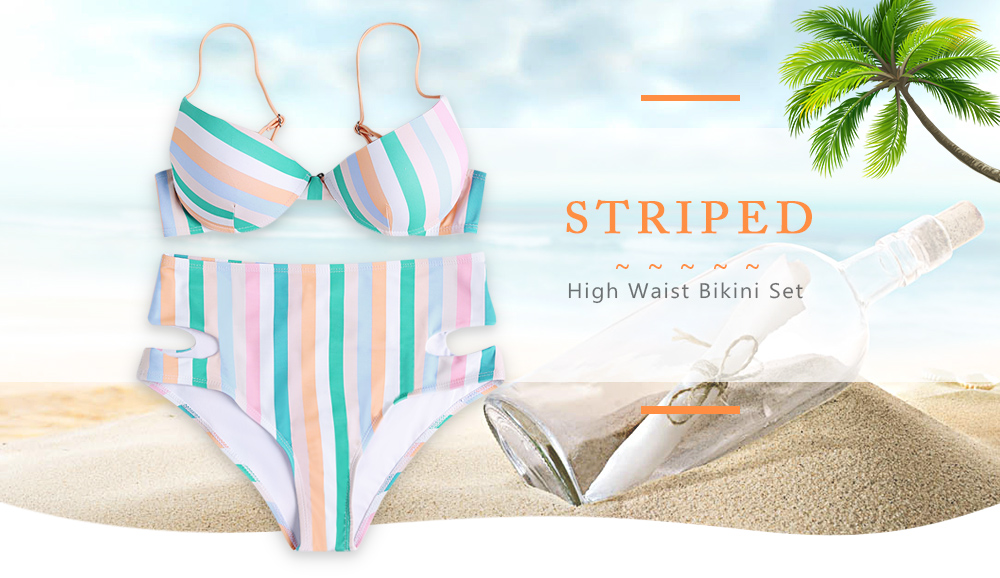 Colorful Striped High Waist Backless Bikini Set