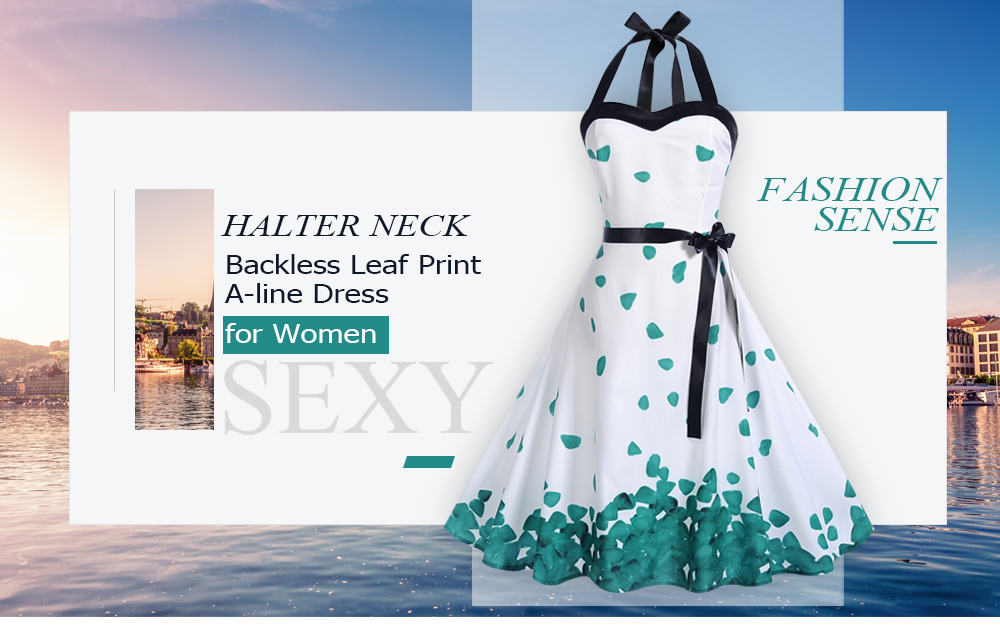 Halter Neck Backless Leaf Print Belted A-line Women Vintage Dress