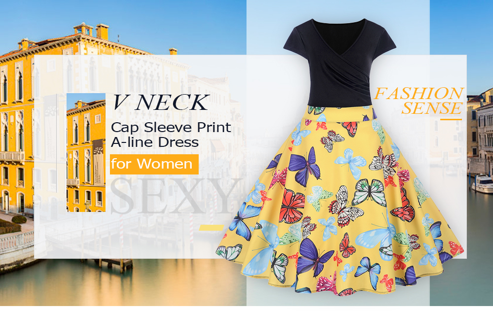 V Neck Cap Sleeve Colorful Print A-line Women Vintage Dress