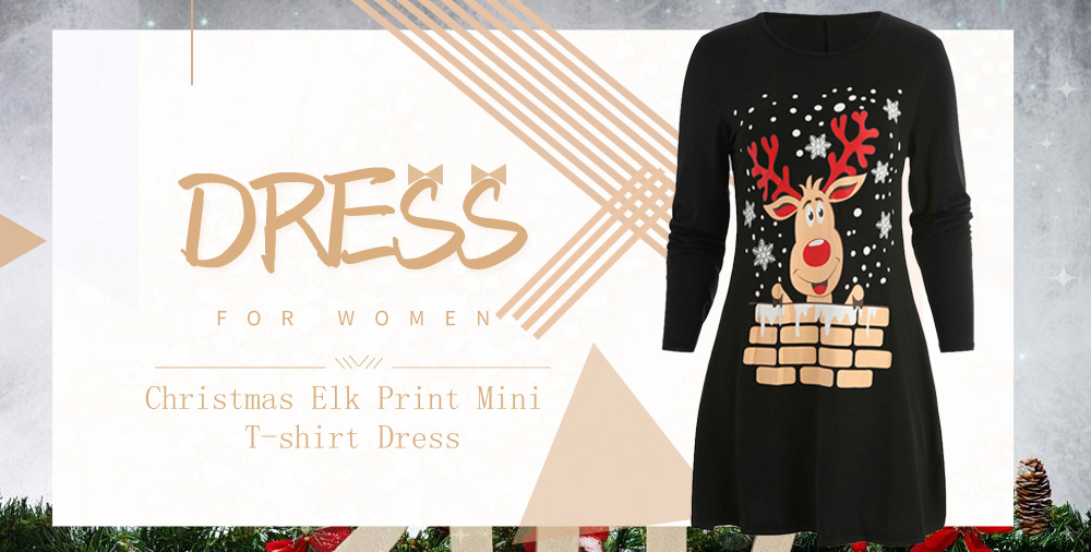 Christmas Elk Print Mini T-shirt Dress